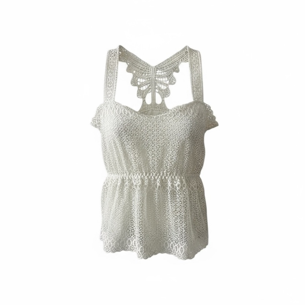 White Butterfly Crochet Lace Tank Top Small
